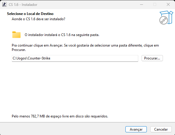 Instalador do CS 1.6 na tela de escolha da pasta